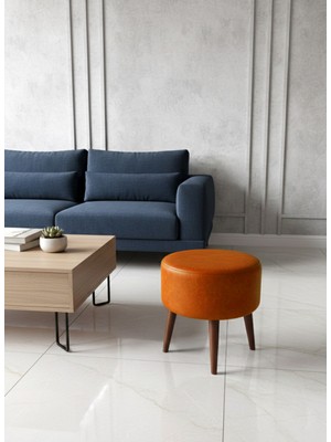 Kayser Home Modern Deri Puf 40 cm | Salon – Antre – Yatak Odası | Ahşap Ayaklı Oturma Pufu Taba