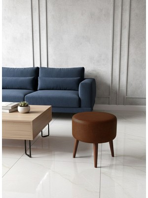 Kayser Home Modern Deri Puf 40 cm | Salon – Antre – Yatak Odası | Ahşap Ayaklı Oturma Pufu Acı Kahve