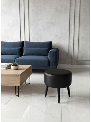 Kayser Home Modern Deri Puf 40 cm | Salon – Antre – Yatak Odası | Ahşap Ayaklı Oturma Pufu Siyah