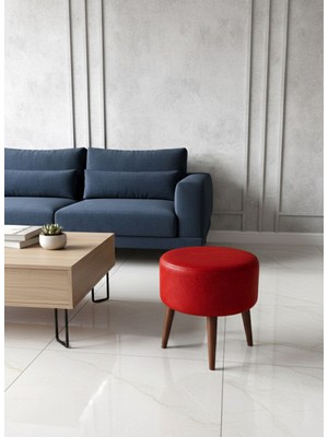 Kayser Home Modern Deri Puf 40 cm | Salon – Antre – Yatak Odası | Ahşap Ayaklı Oturma Pufu Kırmızı