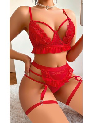 Intive Lingerie Kırmızı Bacak Bantlı Özel Dantel Tül Işlemeli Fantezi Jartiyer Kostüm 2060