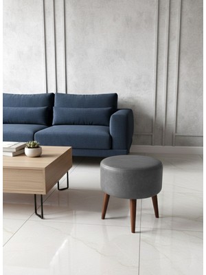 Kayser Home Modern Deri Puf 40 cm | Salon – Antre – Yatak Odası | Ahşap Ayaklı Oturma Pufu Gri