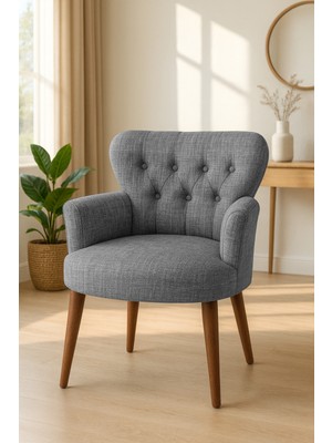 Kayser Home Modern Keten Kumaş Berjer Koltuk | Demonte | Ceviz Ayaklı Tekli Koltuk | Gri