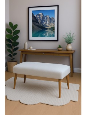 Kayser Home Keten Bench Puf 90X45 cm | Antre Oturma Bankı | Ahşap Ayaklı Modern Bench | Demonte Krem