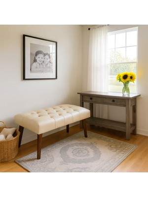 Kayser Home Modern Kapitoneli Bench Puf 90X45 | Antre – Yatak Odası – Salon | Deri Kumaş Oturma Bankı Krem