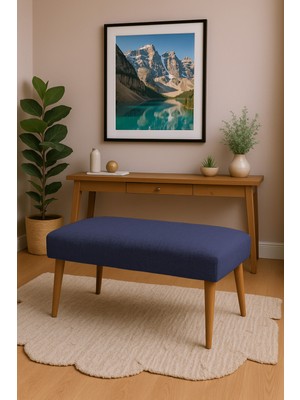 Kayser Home Keten Bench Puf 90X45 cm | Antre Oturma Bankı | Ahşap Ayaklı Modern Bench | Demonte Lacivert