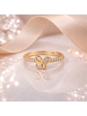 925 Ayar Rose  Gold Kaplama  Zirkon  Taşlı  Kelebek Gümüş  Yüzük