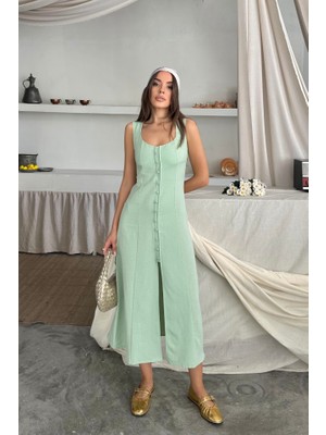Yeşil Sarmaşık Keten Kolsuz Kare Yaka Düğme Detaylı Elbise - Mint