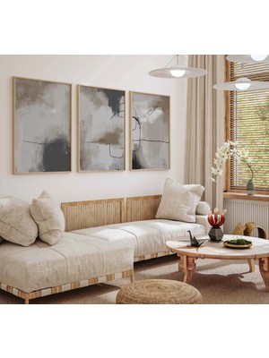 Pam Studio Gri Kahverengi Soyut 3’lü Tablo Seti - Modern Minimal Duvar Dekoru Ev Ofis Poster