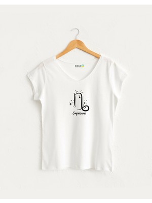 Kidilia Oğlak Burcu Tasarımlı Kadın V Yaka %100 Pamuklu T-Shirt