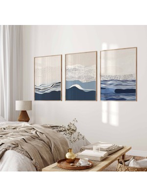 Pam Studio Mavi Bej Tonlarında Modern Soyut 3’lü Tablo Seti – Deniz Esintili Minimal Duvar Dekoru –