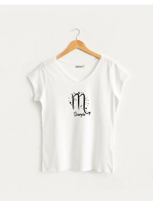 Kidilia Akrep Burcu Tasarımlı Kadın V Yaka %100 Pamuklu T-Shirt