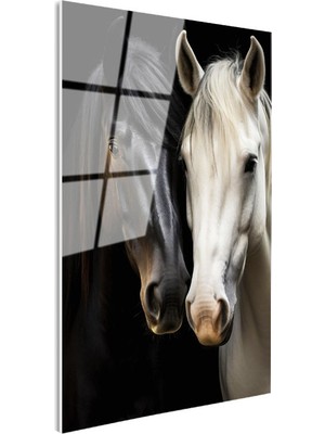 Tablofest Tamperli Gerçek Cam Tablo Zıt Tonlu Ikili At Tablosu Duvar Dekoru