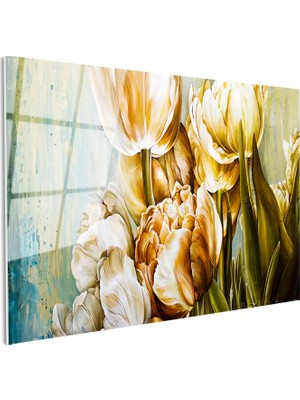 Tablofest Tamperli Gerçek Cam Tablo Zarif Lale Aranjmanı Çiçek Tablosu Duvar Dekoru