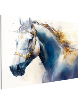 Tablofest Tamperli Gerçek Cam Tablo Mavi ve Altın Yaldız Boyalı At Tablosu Duvar Dekoru