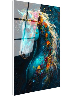 Tablofest Tamperli Gerçek Cam Tablo Çiçekli Yele At Portresi At Tablosu Duvar Dekoru