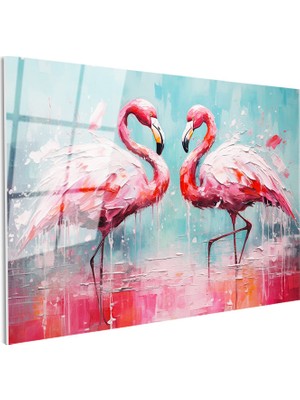 Tablofest Tamperli Gerçek Cam Tablo Yağlı Boya Dokulu Sanatsal Flamingo Tablosu Duvar Dekoru