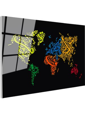 Tablofest Tamperli Gerçek Cam Tablo Arapça Hat Sanatı Dünya Harita Tablosu Duvar Dekoru