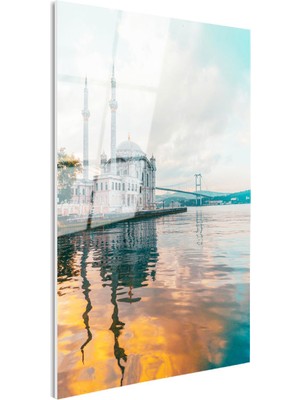 Tablofest Tamperli Gerçek Cam Tablo Ortaköy Camii ve Deniz Yansıması Şehir Mimari Tablo Duvar Dekoru