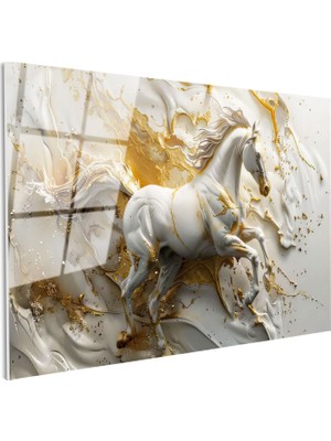 Tablofest Tamperli Gerçek Cam Tablo Sıvı Altın Görünümlü At Tablosu Duvar Dekoru