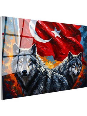 Tablofest Tamperli Gerçek Cam Tablo Ay Yıldız Kurt Tablosu Duvar Dekoru