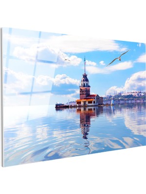 Tablofest Tamperli Gerçek Cam Tablo Kız Kulesi Deniz Yansıması Şehir Mimari Tablo Duvar Dekoru