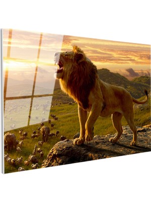 Tablofest Tamperli Gerçek Cam Tablo Kayalık Üzeri Kral Aslan Tablosu Duvar Dekoru