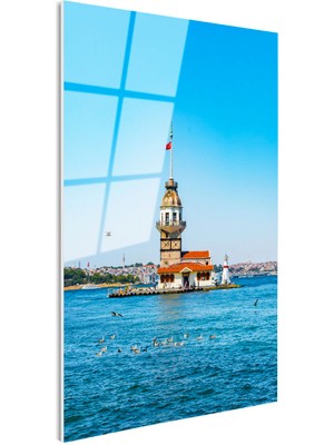 Tablofest Tamperli Gerçek Cam Tablo Kız Kulesi ve Mavi Deniz Manzarası Şehir Mimari Tablo Duvar Dekoru