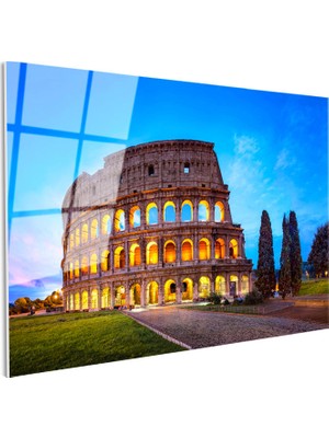 Tablofest Tamperli Gerçek Cam Tablo Roma Kolezyum Mavi Saatler ve Ağaçlar Şehir Mimari Tablo Duvar Dekoru