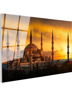 Tablofest Tamperli Gerçek Cam Tablo Sultanahmet Camii Gün Batımı Silüeti Şehir Mimari Tablo Duvar Dekoru