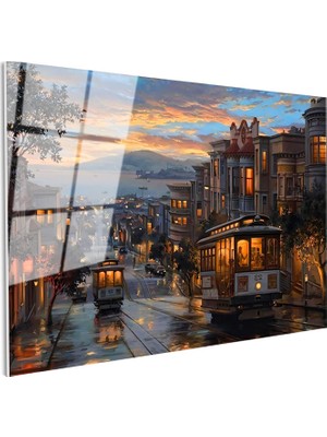 Tablofest Tamperli Gerçek Cam Tablo San Francisco Tramvay ve Yokuş Yol Şehir ve Mimari Tablo Duvar Dekoru
