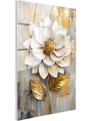 Tablofest Tamperli Gerçek Cam Tablo Kabartma Görünümlü Altın Beyaz Çiçek Tablosu Duvar Dekoru