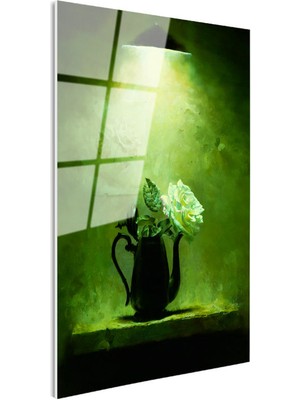 Tablofest Tamperli Gerçek Cam Tablo Siyah Demlikte Beyaz Gül Çiçek Tablosu Duvar Dekoru