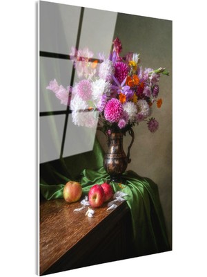 Tablofest Tamperli Gerçek Cam Tablo Bakır Vazoda Mor Çiçek Aranjmanı Çiçek Tablosu Duvar Dekoru