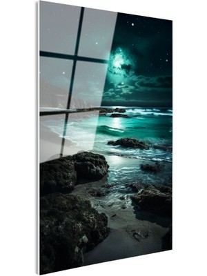 Tablofest Tamperli Gerçek Cam Tablo Mistik Yeşil Dolunay ve Kayalık Sahil Manzara Tablosu Duvar Dekoru