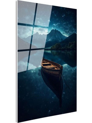 Tablofest Tamperli Gerçek Cam Tablo Gece Gölü Ahşap Kayık ve Dağ Manzarası Manzara Tablosu Duvar Dekoru