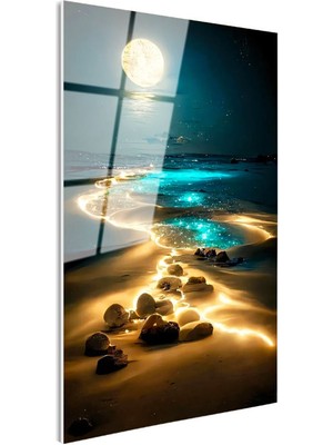 Tablofest Tamperli Gerçek Cam Tablo Gece Sahili Ay Işığı ve Kayalıklar Manzara ve Doğa Tablosu Duvar Dekoru