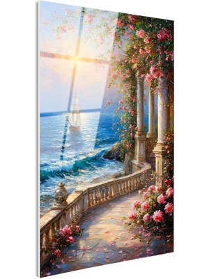 Tablofest Tamperli Gerçek Cam Tablo Güllü Sütunlu Sahil ve Yelkenli Manzara ve Doğa Tablosu Duvar Dekoru