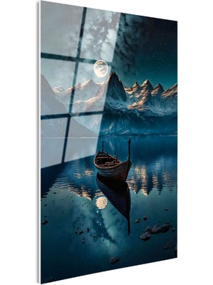 Tablofest Tamperli Gerçek Cam Tablo Karlı Dağlar ve Göl Sandalı Manzara ve Doğa Tablosu Duvar Dekoru