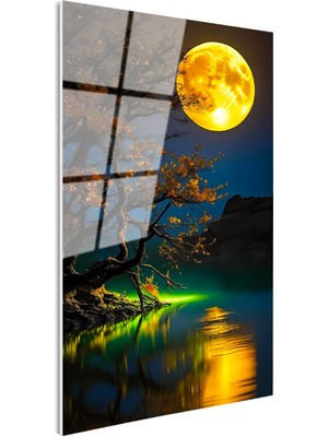 Tablofest Tamperli Gerçek Cam Tablo Gece Ağacı ve Büyük Sarı Ay Manzara ve Doğa Tablosu Duvar Dekoru