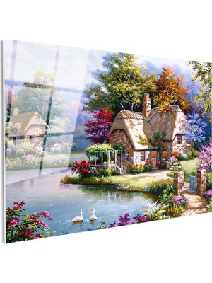 Tablofest Tamperli Gerçek Cam Tablo Bahçeli Taş Ev ve Kuğular Manzara ve Doğa Tablosu Duvar Dekoru