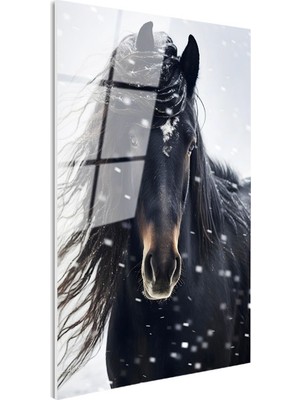 Tablofest Tamperli Gerçek Cam Tablo Kış Temalı Yeleli At Tablosu Duvar Dekoru
