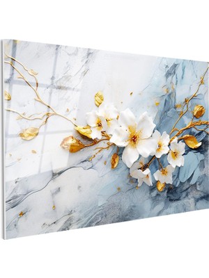 Tablofest Tamperli Gerçek Cam Tablo Beyaz Bahar Dalı Illüstrasyonu Çiçek Tablosu Duvar Dekoru