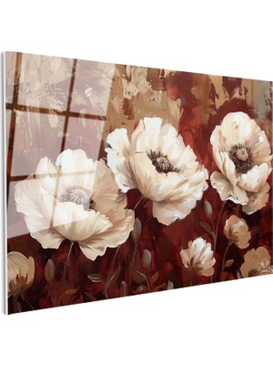 Tablofest Tamperli Gerçek Cam Tablo Yağlı Boya Görünümlü Beyaz Çiçek Çiçek Tablosu Duvar Dekoru