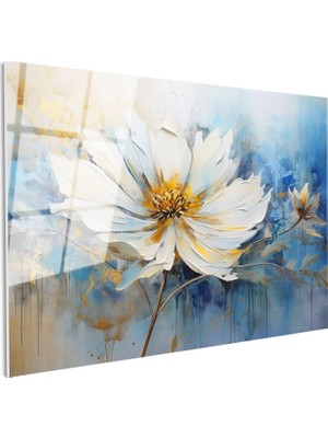 Tablofest Tamperli Gerçek Cam Tablo Fırça Darbesi Etkili Beyaz Çiçek Çiçek Tablosu Duvar Dekoru