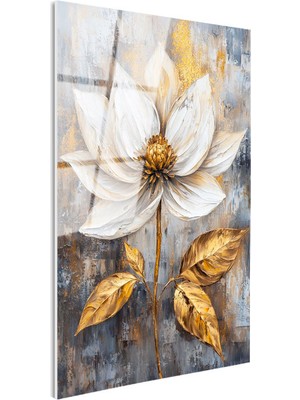 Tablofest Tamperli Gerçek Cam Tablo Altın Dokulu Beyaz Nilüfer Çiçek Tablosu Duvar Dekoru