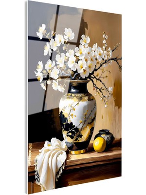 Tablofest Tamperli Gerçek Cam Tablo Motifli Vazoda Bahar Dalı Çiçek Tablosu Duvar Dekoru