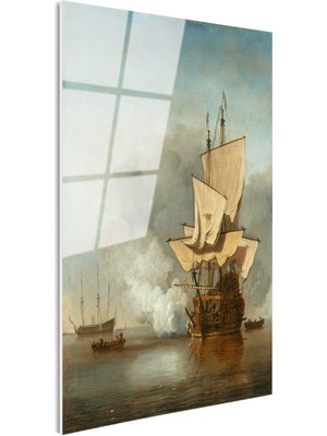 Tablofest Tamperli Gerçek Cam Tablo Willem Velde Savaş Gemisi Deniz Manzarası Ressam Tablosu Duvar Dekoru