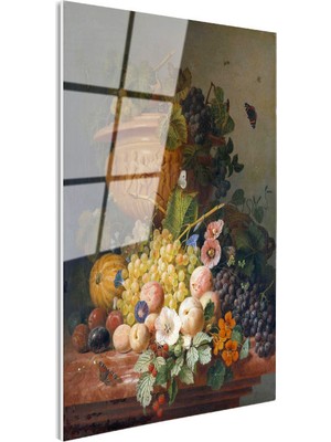 Tablofest Tamperli Gerçek Cam Tablo J.l.r. Meyve ve Çiçekler Vazoda Böcekli Natürmort Ressam Tablosu Dekoru