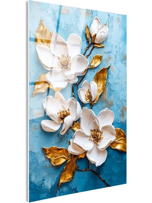 Tablofest Tamperli Gerçek Cam Tablo Kabartma Görünümlü Mavi Beyaz Çiçekler Çiçek Tablosu Duvar Dekoru